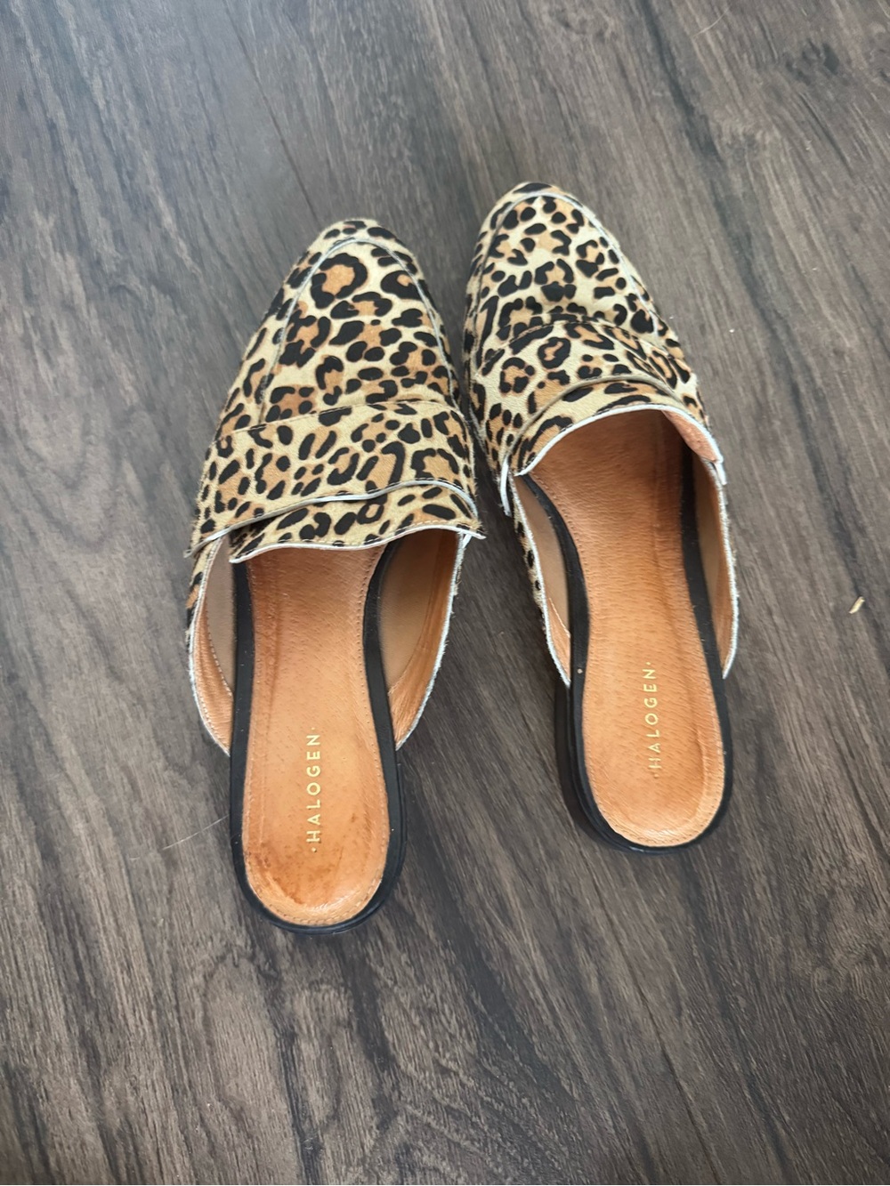 Halogen Leopard-Print Backless Mules in Tan and Black